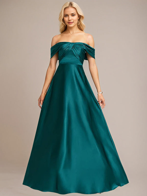 Peacock A-Line Off the Shoulder Floor-Length Satin Bridesmaid Dress – DUNALI