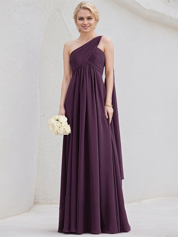 a-line one shoulder floor-length chiffon bridesmaid dress with ruffle Grape American Apparel added a