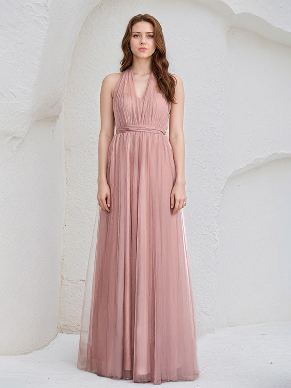 Dusty Rose A-Line Halter Neck Floor-Length Tulle Bridesmaid Dress – DUNALI