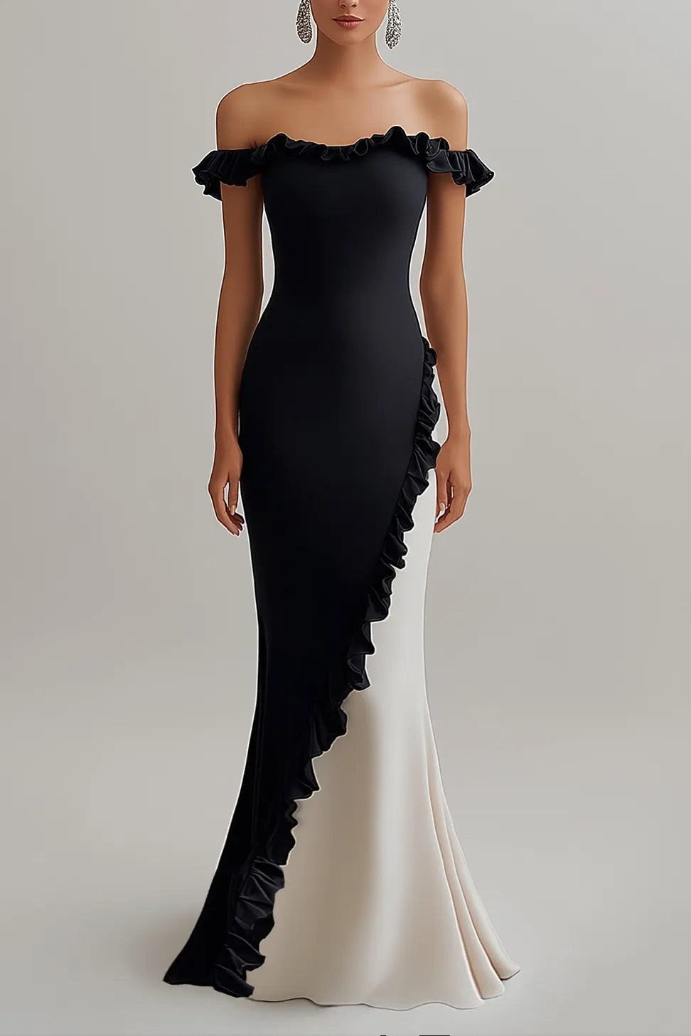 Formal Evening Gown Color Block Off-Shoulder Ruffle Floor-Length Dress – DUNALI
