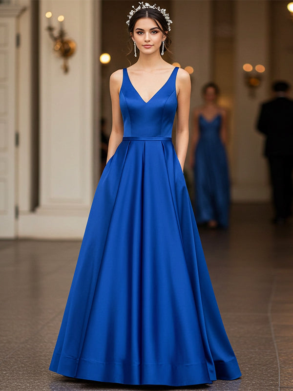 blue dress floor length V-Neck Lace Stain A-Line Floor-length Evening Dress Royal Blue / 10