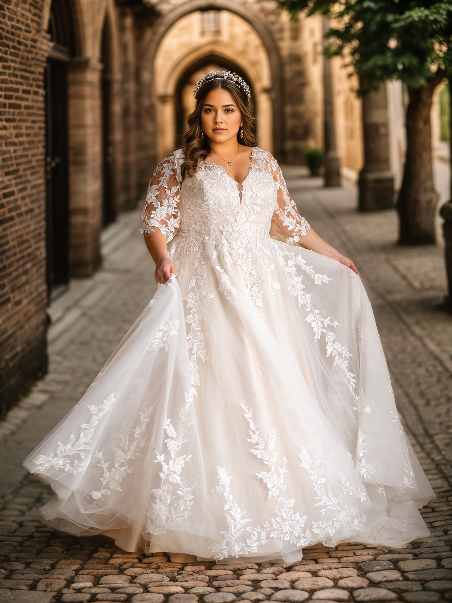 Half Sleeves Applique Tulle Wedding Dress Plus Size V Neck White Weddi – DUNALI