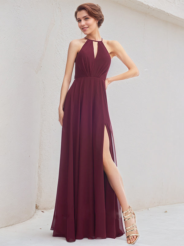 Mulberry A-Line Halter Floor-Length Chiffon Bridesmaid Dress – DUNALI