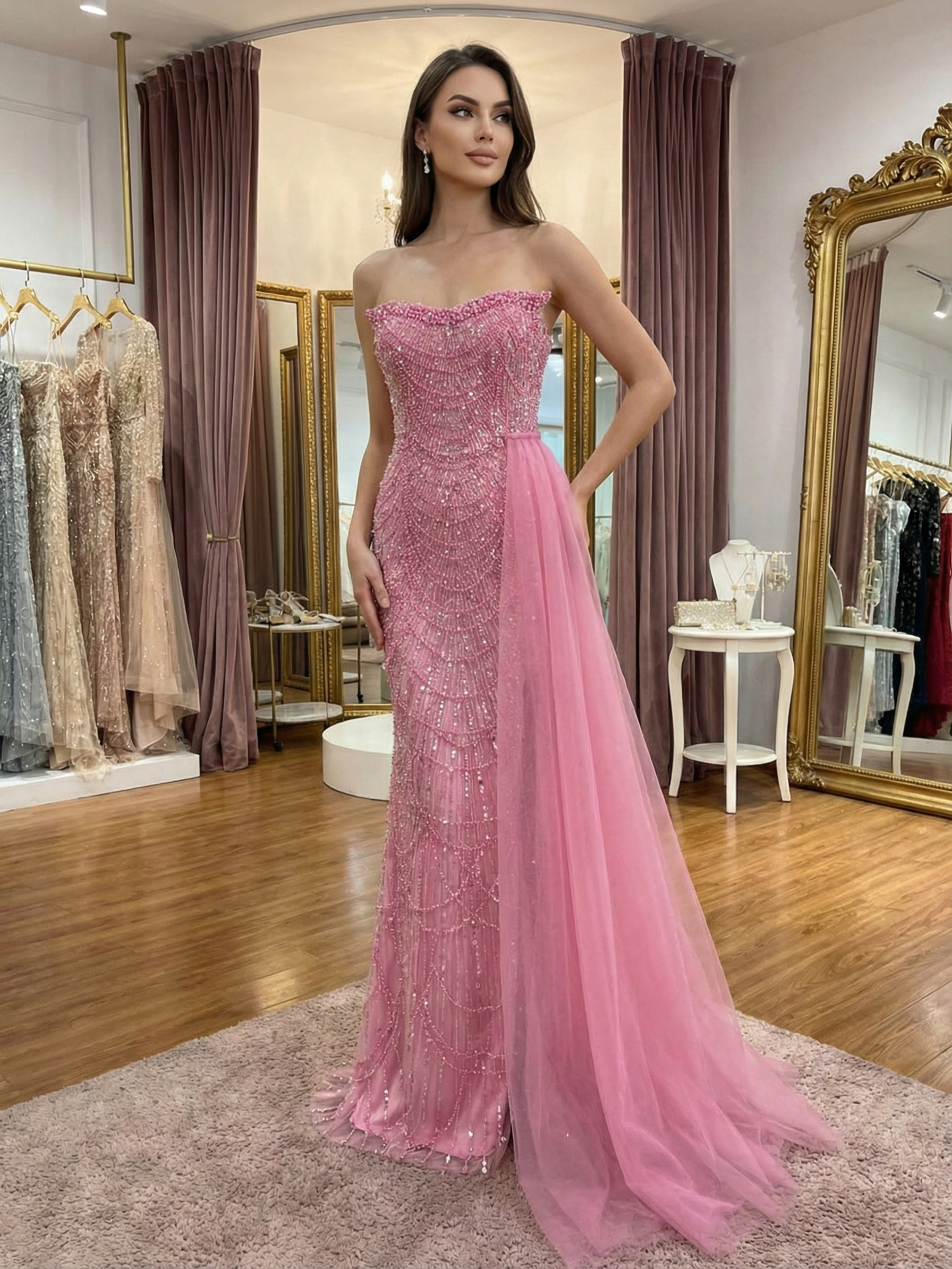 Glamorous Pink Beaded Strapless Prom Dress with Tulle Train – DUNALI