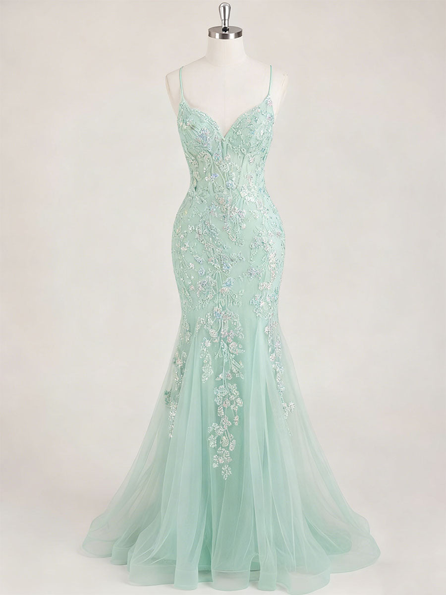 mint green mermaid wedding dress V-Neck Prom with Floral Sequin Appliqué – DUNALI Quinceanera Golden Globe Dresses Color:AB White Navy Blue Miss Jophiel Sweetheart Tulle