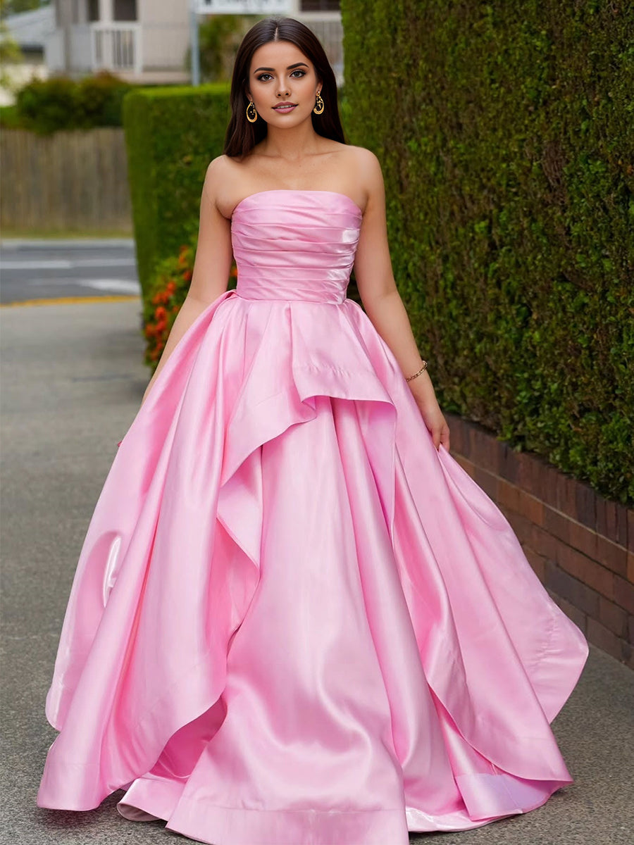 Pink Satin Strapless Ruched Bodice Asymmetrical Tiered Prom Dress – DUNALI