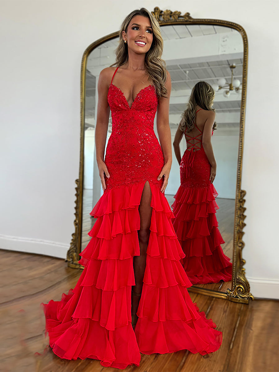 red mermaid prom dress with ruffle bottom Red Satin Tiered Ruffled Cheap Prom Dresses 2024 Mermaid Halter Neck 24359