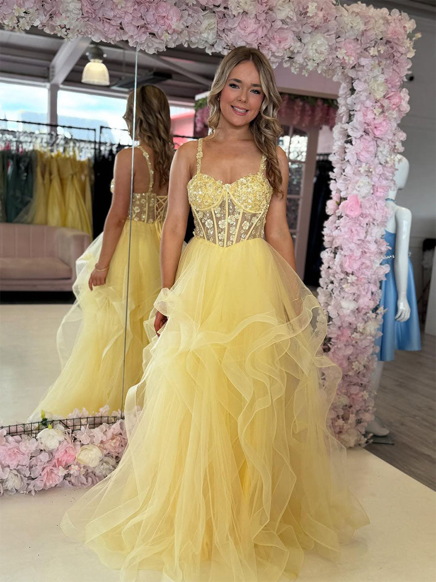 Yellow A-Line Empire-Waist Sweetheart Ruffles Long Prom Dress – DUNALI