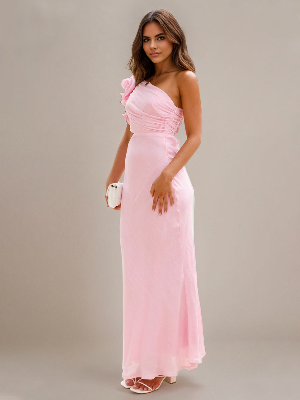 Sanftrosa Chiffon-Sheath/Säulen-Kleid mit einer Schulter, knöchellang, Brautjungfernkleid