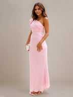 Sanftrosa Chiffon-Sheath/Säulen-Kleid mit einer Schulter, knöchellang, Brautjungfernkleid