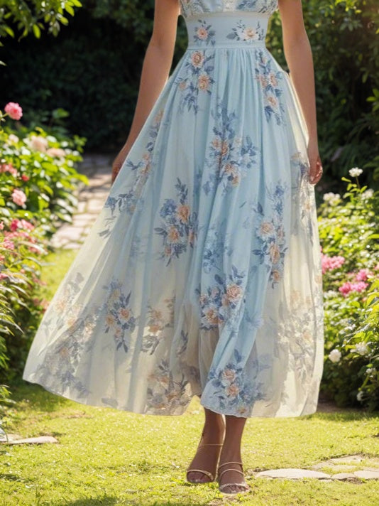 Hellblaues Maxikleid aus Chiffon mit V-Ausschnitt, A-Linie und Imitationsperlen-Blumenverzierung
