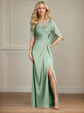 Sheath/Column Satin Scoop Neck Cap Sleeves Floor Length Mother Of The Bride Dresses