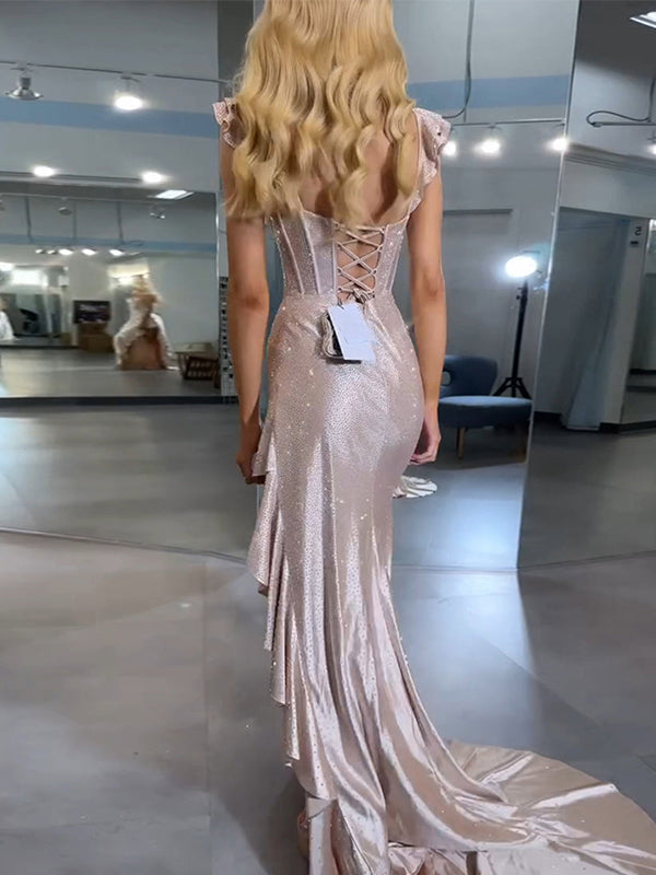Navy Blue Shimmer Ruffle Long Corset Prom Dress with Slit
