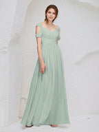 Abito lungo da damigella in chiffon salvia a linea A con scollo a V, senza maniche e pieghe