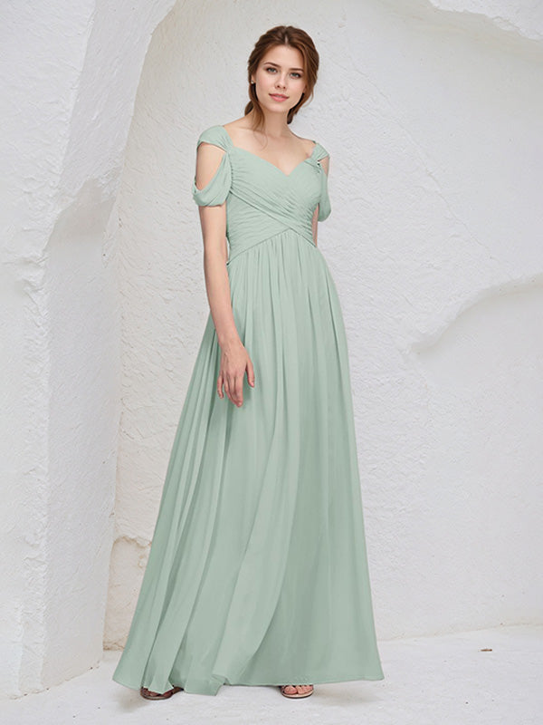 Abito lungo da damigella in chiffon salvia a linea A con scollo a V, senza maniche e pieghe