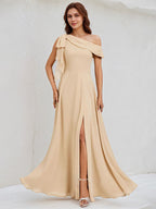 Champagne Chiffon A Line One Shoulder Sleeveless Floor Length Bridesmaid Dress