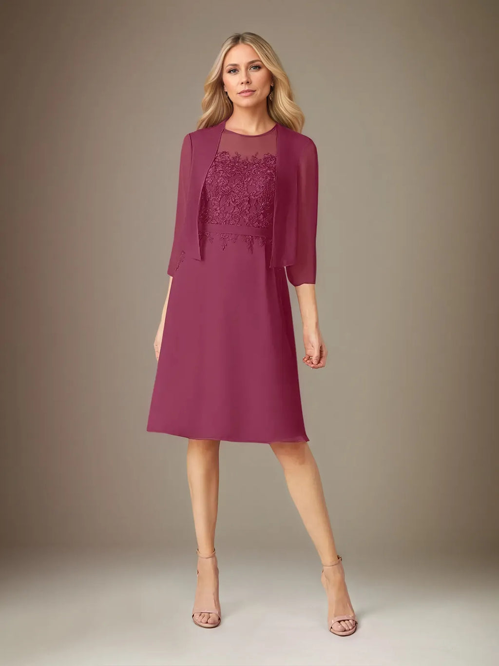 A Line Chiffon Scoop Neck 3/4 Sleeves Knee Length Dress
