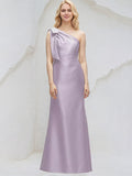 Lilac Sheath/Column One Shoulder Sleeveless Floor Length Satin Bridesmaid Dresses