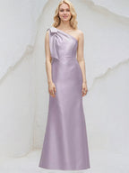 Lilac Sheath/Column One Shoulder Sleeveless Floor Length Satin Bridesmaid Dresses