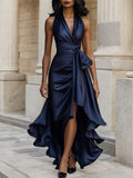 Midnight Elegance Satin Halter Ruffle Gown