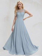 Dusty Blue Chiffon A Line Scoop Sleeveless Floor Length Bridesmaid Dress With Appliques