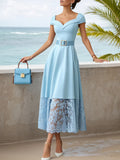 Light Blue Lace Classic V Neck Short Sleeve A-Line Midi Dress