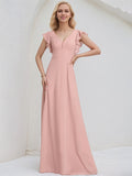 Dusty Rose Chiffon A Line V Neck Floor Length Bridesmaid Dress With Ruffles