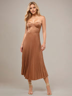 Light Brown Satin A Line Sweetheart Sleeveless Tea Length Bridesmaid Dress