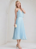 Sky Blue A-Line V-Neck Tea-Length Chiffon Cocktail Dress With Pleated