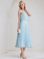 Sky Blue A-Line V-Neck Tea-Length Chiffon Cocktail Dress With Pleated