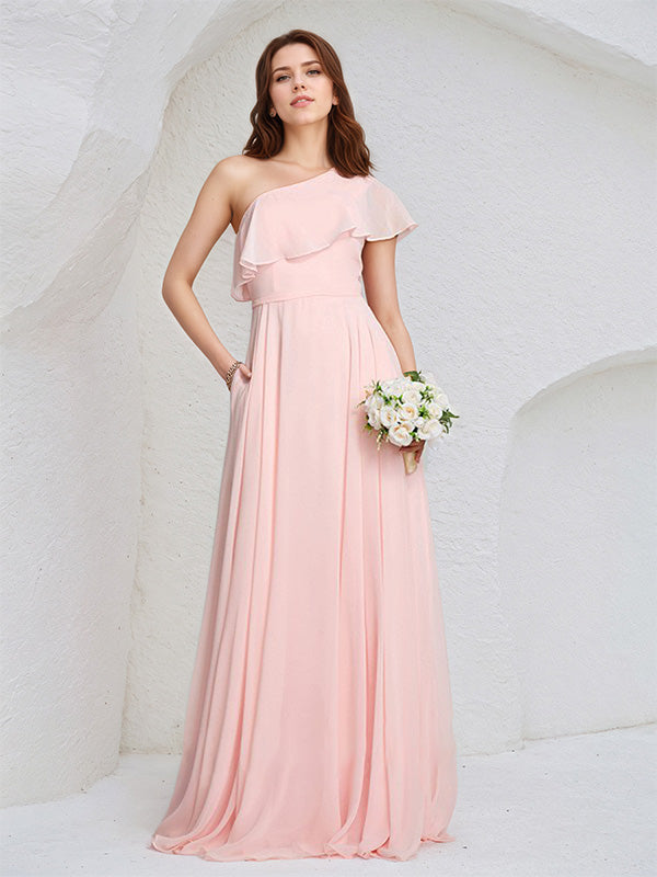 Vestido de Dama de Honra Longo em Chiffon Rosa, Sem Mangas, com Um Ombro Só e Babados