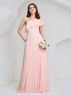 Vestido de Dama de Honra Longo em Chiffon Rosa, Sem Mangas, com Um Ombro Só e Babados