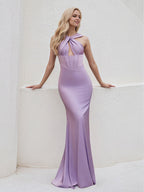 Lilac Satin Trumpet/Mermaid Halter Neck Floor Length Bridesmaid Dress