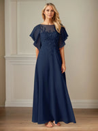 A Line Chiffon Boat Neck Flutter Sleeve Floor Length Dress