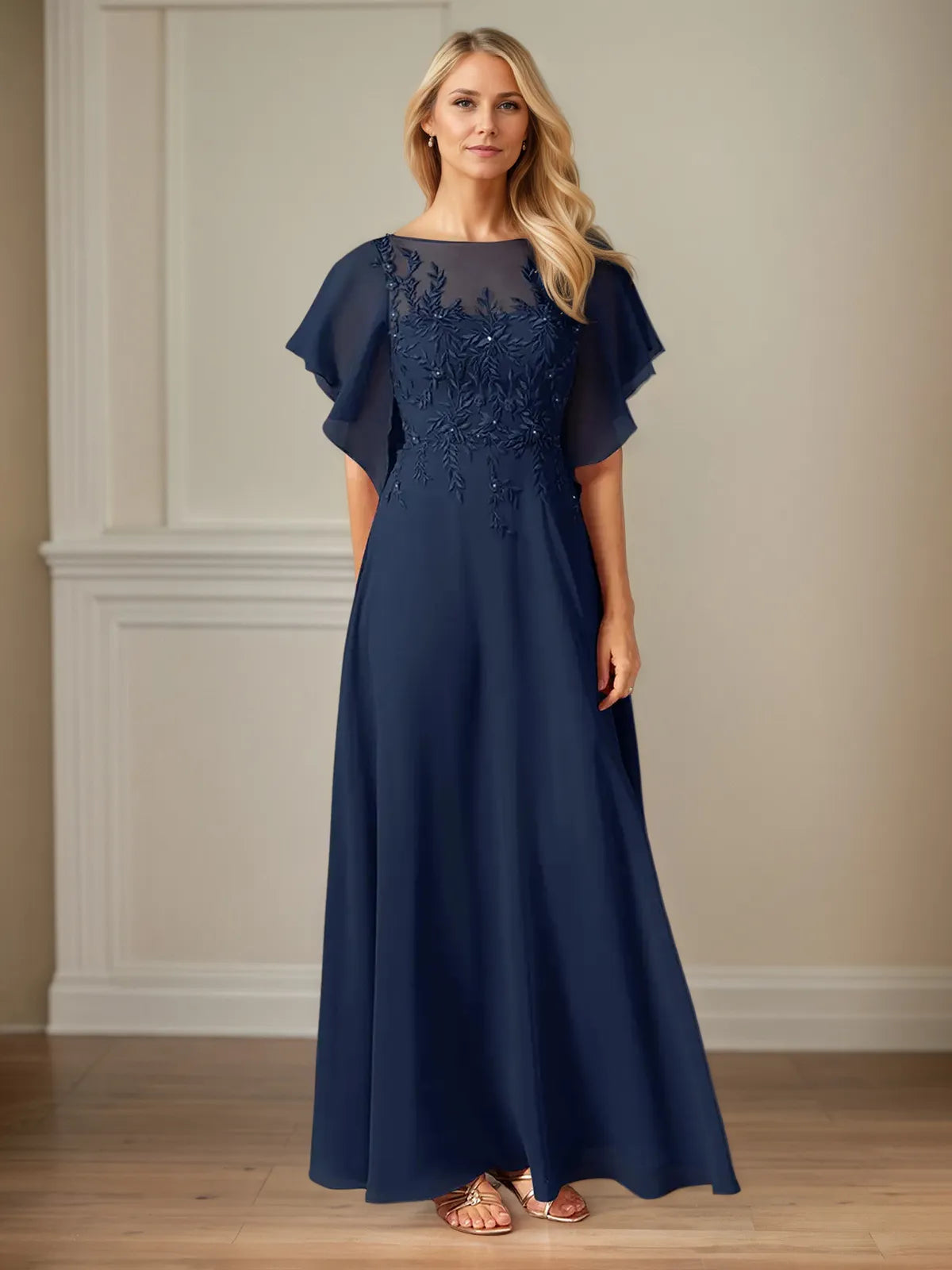 A Line Chiffon Boat Neck Flutter Sleeve Floor Length Dress