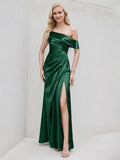 Dark Green Satin A Line One Shoulder Floor Length Bridesmaid Dress