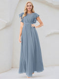 Dusty Blue A-Line Round Neck Floor-Length Chiffon Bridesmaid Dress With Ruffles