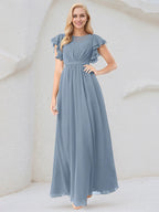 Dusty Blue A-Line Round Neck Floor-Length Chiffon Bridesmaid Dress With Ruffles