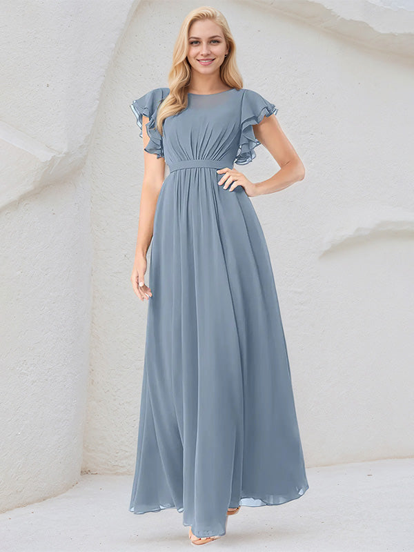 Dusty Blue A-Line Round Neck Floor-Length Chiffon Bridesmaid Dress With Ruffles