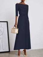 Robe maxi classique bleu violacé à épaules dénudées et manches mi-longues évasées