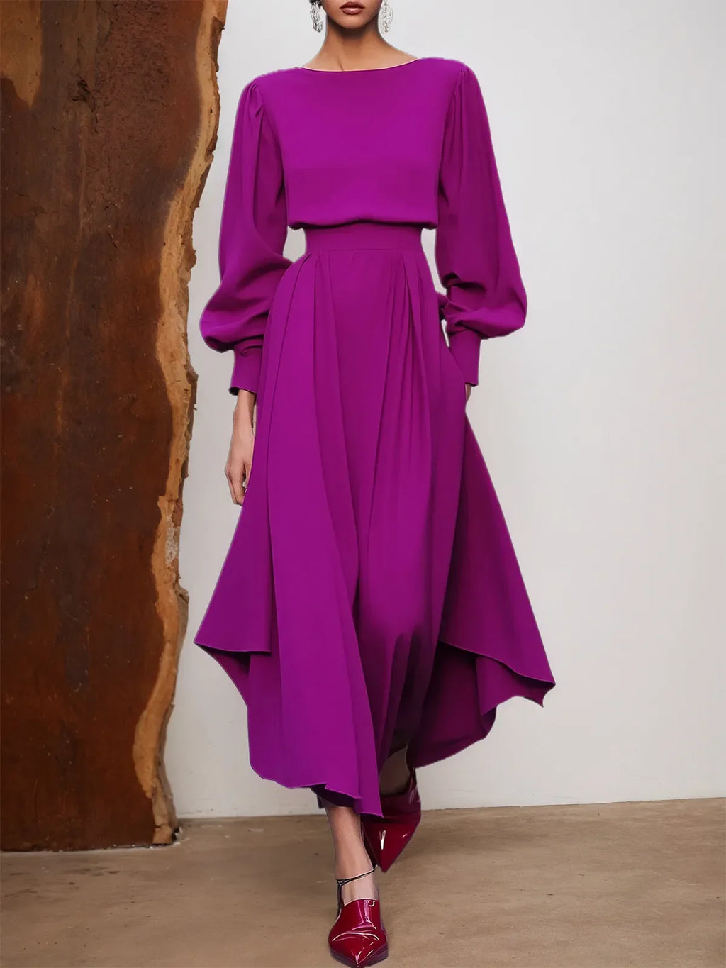 Rosarotes asymmetrisches Kleid mit Bootsausschnitt, langen Ballonärmeln und A-Linie Midi-Länge