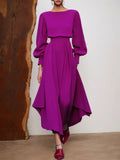 Rosarotes asymmetrisches Kleid mit Bootsausschnitt, langen Ballonärmeln und A-Linie Midi-Länge