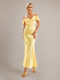 Robes jaunes en satin, coupe droite/colonne, bretelles spaghetti, sans manches, longueur cheville