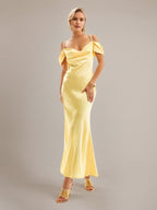Robes jaunes en satin, coupe droite/colonne, bretelles spaghetti, sans manches, longueur cheville
