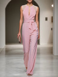 Damen rosa Spitzen V-Ausschnitt ärmelloser eleganter Jumpsuit