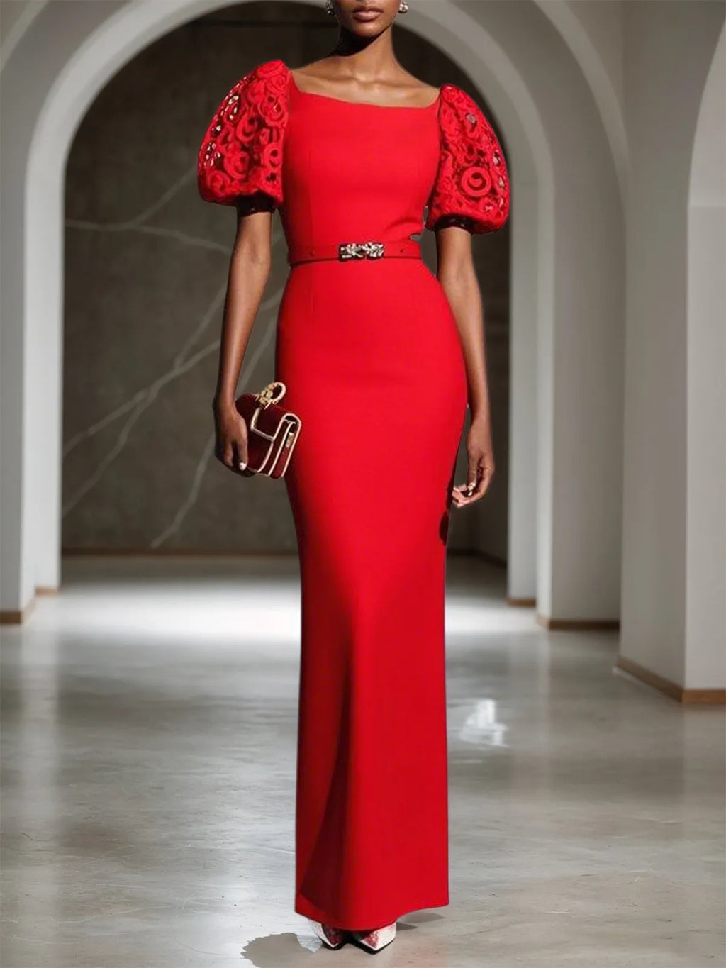 Rotes Spitzen-Klassisches Bootsausschnitt-Kurzarmpuffärmel-Sheath-Maxikleid