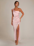 Pale Pink Satin Sheath/Column One Shoulder Ankle Length Bridesmaid Dresses