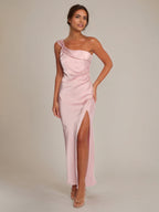 Pale Pink Satin Sheath/Column One Shoulder Ankle Length Bridesmaid Dresses