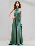 Green A Line Satin Halter Neck Sleeveless Floor Length Dress