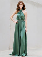 Green A Line Satin Halter Neck Sleeveless Floor Length Dress